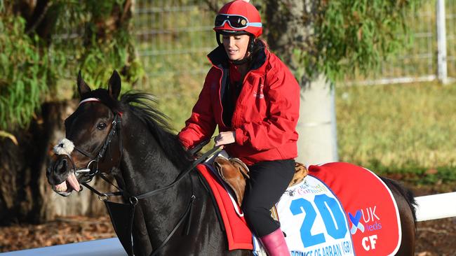 Natasha Eaton rides Prince of Arran during a trackwork session at Werribee Racecourse on Sunday Picture: AAP