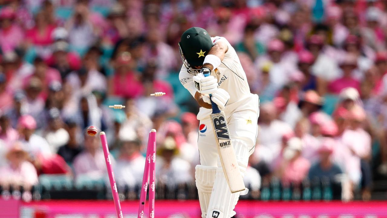 Abdullah Shafique’s stumps are shattered to consign him to a pair of ducks. Picture: Getty