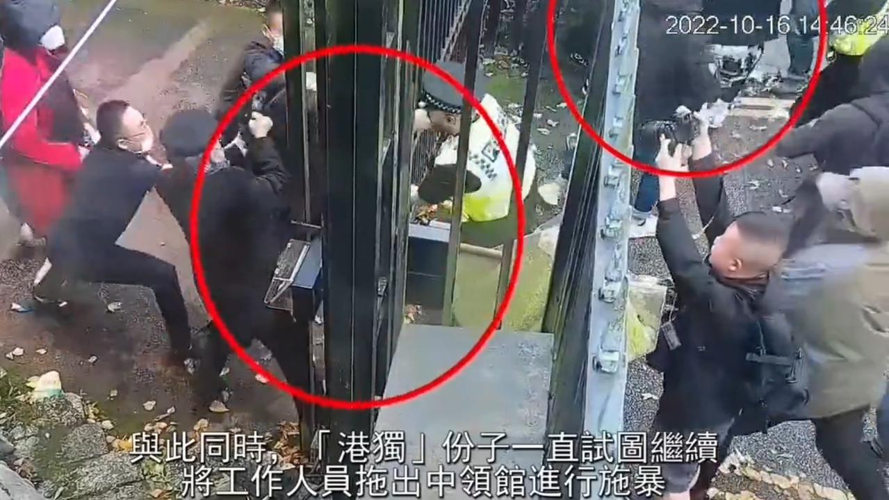 CCTV from the Chinese Consulate in Manchester shows protester being dragged into compound and attacked. Source: @McWLuke/Twitter