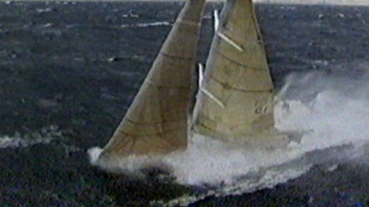 The yacht Sayonara crashing through Bass Strait waves during 1998 Sydney to Hobart race . Picture: Channel Ten.