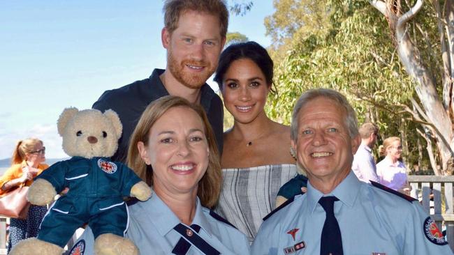 The Duke and Duchess of Sussex with Queensland ambulance officers Graeme Cooper and Danielle Kellam. Photo QAS Media