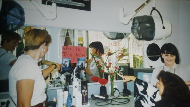 Former Lennox Head hairdresser Bernadette Armstrong, standing on the right at her salon, has spoken on the Bronwyn podcast. Photo: Supplied