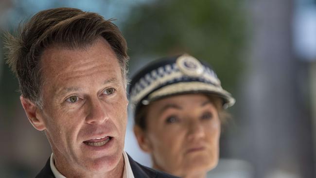 NSW Premier Chris Minns and Police Commissioner Karen Webb at St George Police Station provide an update on police investigations into antisemitic vandalism across Sydney. Picture: NewsWire / Simon Bullard.