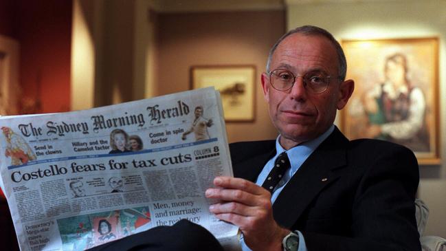 Chief executive of Fairfax Professor Fred Hilmer reading <i>Sydney Morning Herald</i> newspaper on the 10 Oct 1998.