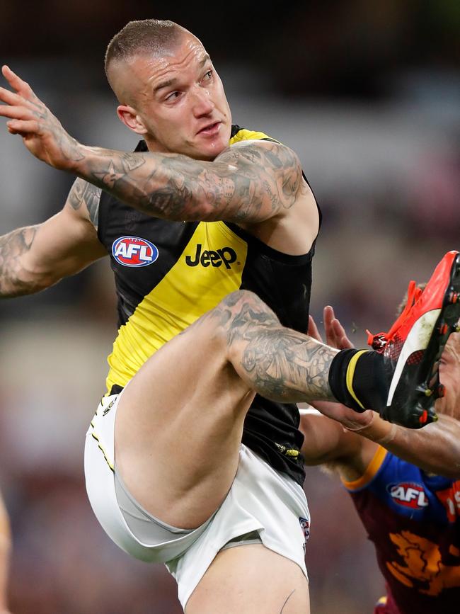 Dusty kicks one of his six goals. Picture: AFL Photos