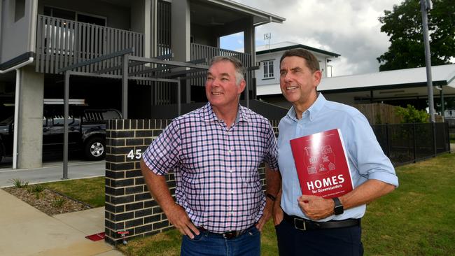 Deputy Premier Cameron Dick and Resources Minister Scott Stewart at a new public housing project in Pimlico as they announce the Homes for Queenslanders package. Picture: Evan Morgan