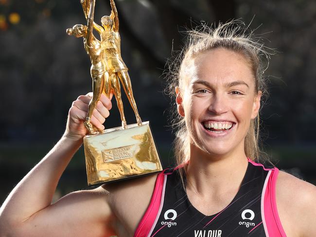 Netball Grand Final .Thunderbirds captain Hannah Petty with the 2023 Suncorp Super Netball Grand Final trophy.                     Picture: David Caird