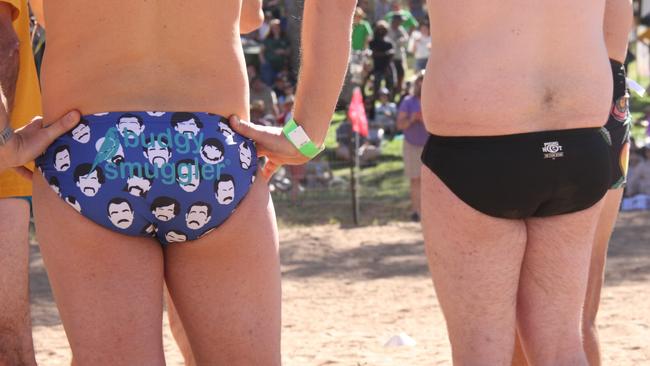Competitors in the mens budgy smugglers racein the 2024 the Henley on Todd in Alice Springs. Picture: Gera Kazakov