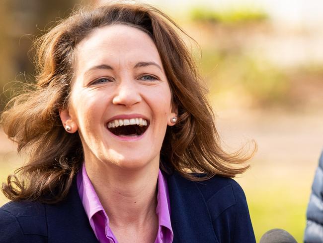 Liberal candidate for Mayo, Georgina Downer, with husband Will Heath at a doorstop in Stirling SA.