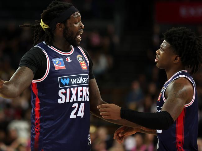 AUCKLAND, NEW ZEALAND - NOVEMBER 02:  Montrezl Harrell of the Adelaide 36ers (R) reacts with Kendric Davis of the Adelaide 36ers (R) during the round seven NBL match between New Zealand Breakers and Adelaide 36ers at Spark Arena, on November 02, 2024, in Auckland, New Zealand. (Photo by Fiona Goodall/Getty Images)