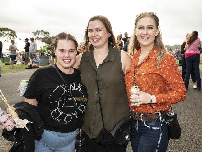 (from left) Rebekka Barron, Charlotte Nielsen and Grace Campbell at Meatstock, Toowoomba Showgrounds. Saturday, April 9, 2022. Picture: Nev Madsen.