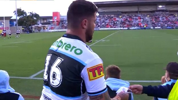 Andrew Fifita told teammates he had copped a whack to the throat. Picture: Fox Sports