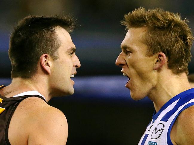 Round 16: North Melbourne v Hawthorn AFLR1614 Picture: Wayne Ludbey Drew Petrie & Brian Lake in the third term