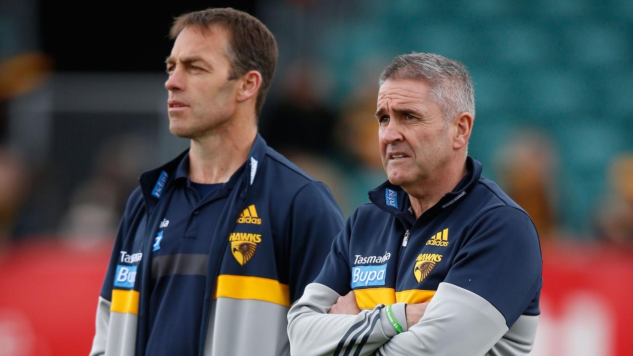 Fagan, right, with Alastair Clarkson at Hawthorn in 2015. Picture: Adam Trafford/AFL Media