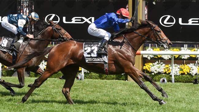 Cross Counter, ridden by Kerrin McEvoy, wins the Lexus Melbourne Cup.