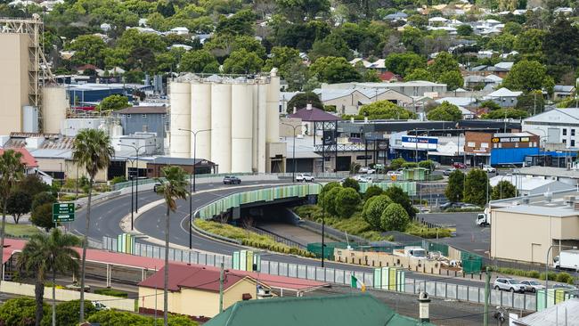 The Victoria St inner-city bridge and the Mills Precinct as seen from a Hutchinson Builders construction crane at the inner-city apartments build in Mylne St. Picture: Kevin Farmer