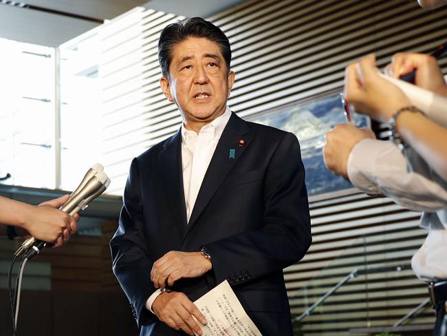 Japan’s Prime Minister Shinzo Abe issues a warning to residents in the country’s north. Picture: Toshiyuki Matsumoto/Kyodo News via AP