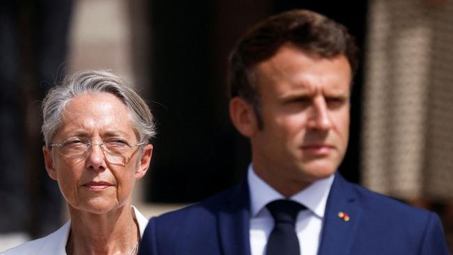 French Prime Minister Elisabeth Borne with President Emmanuel Macron in Suresnes near Paris. Picture: AFP