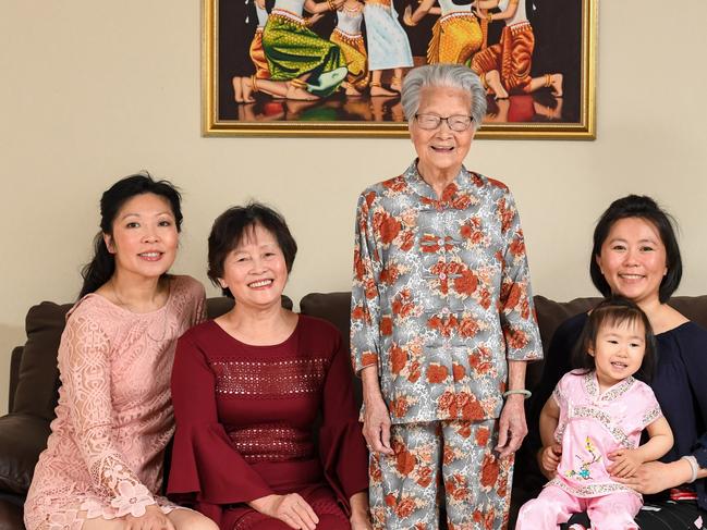 HiEk Nerang, 109, with granddaughter Kailiya Kuoch, daughter La Tieng Tang, grand niece Susan Tang and great granddaughter Maggie Ma (Susan's daughter). PICTURE: PENNY STEPHENS.