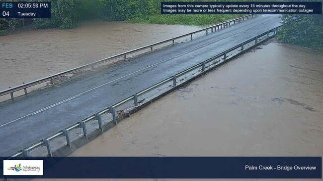 Conway Rd at Palm Creek is underwater as of 2.22pm Tuesday, February 4, 2025 as the Whitsundays is soaked. Image: Whitsunday Regional Council flood cameras