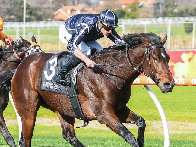 Moveforlex ridden by Billy Egan wins the MRC Membership First Renewal Edward Bode  at Caulfield Racecourse on July 22, 2023 in Caulfield, Australia. (Photo by Brett Holburt/Racing Photos via Getty Images)