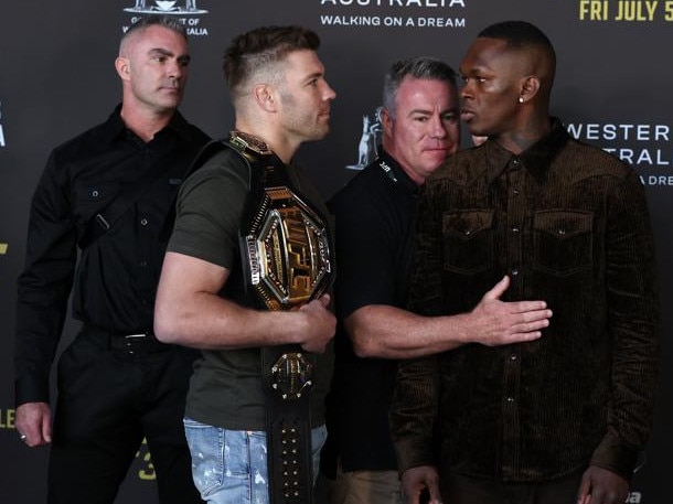 PERTH, AUSTRALIA - JULY 03: Dricus du Plessis - UFC middleweight champion and Israel Adesanya - No.2 UFC middleweight stare off during the UFC 305 On Sale Press Conference on July 03, 2024 in Perth, Australia. (Photo by Will Russell/Zuffa LLC)