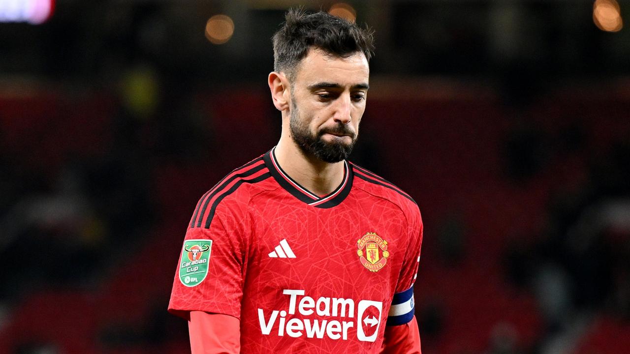 MANCHESTER, ENGLAND - NOVEMBER 01: Bruno Fernandes of Manchester United looks dejected following the team's defeat during the Carabao Cup Fourth Round match between Manchester United and Newcastle United at Old Trafford on November 01, 2023 in Manchester, England. (Photo by Michael Regan/Getty Images)