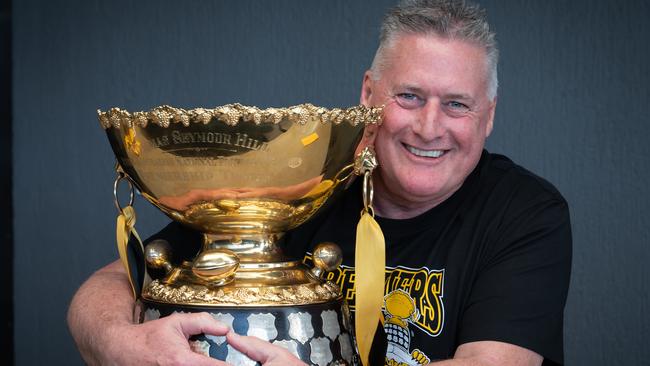 23rd September 2024 - Glenelg FCÃs Head of Football Paul Sandercock with the SANFL Premiership trophy celebrating Mad Monday at the Marion Hotel. Photo: Naomi Jellicoe