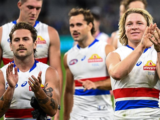 PERTH, AUSTRALIA - MAY 28: Cody Weightman of the Bulldogs celebrates the win with the fans during the 2022 AFL Round 11 match between the West Coast Eagles and the Western Bulldogs at Optus Stadium on May 28, 2022 in Perth, Australia. (Photo by Daniel Carson/AFL Photos via Getty Images)