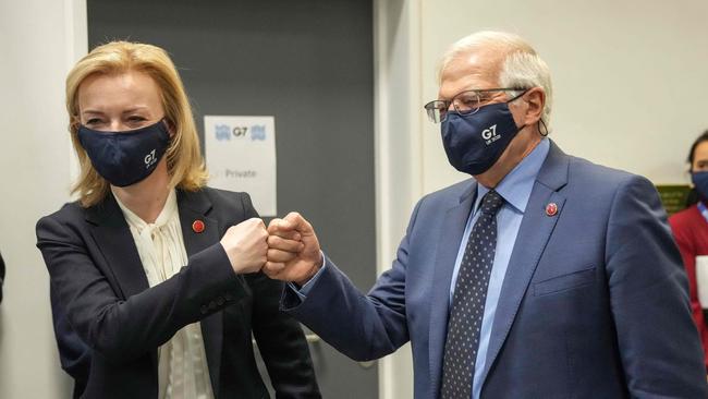 British Foreign Secretary Liz Truss greets European High Representative of the Union for Foreign Affairs Josep Borrell at the G7 foreign ministers summit in Liverpool. Picture: AFP