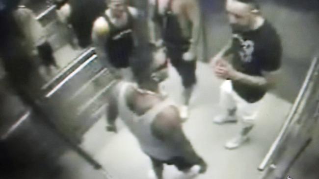 Fares Abounader, in the white singlet, was captured on CCTV footage at Sydney Airport domestic terminal in 2009 when Hells Angels associate Anthony Zervas was bashed and killed in a gang fight.