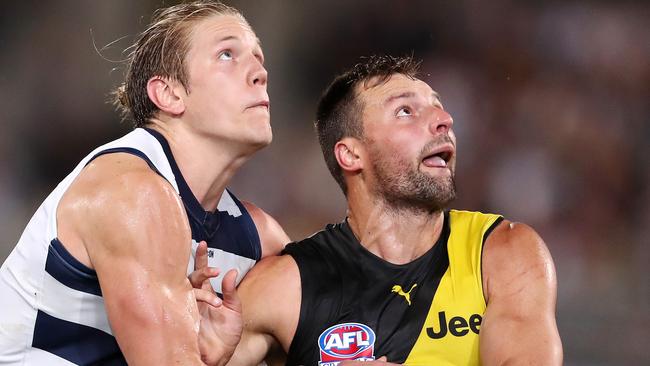 Geelong's Rhys Stanley and Richmond's Toby Nankervis contest in the 2020 AFL Grand Final. Picture: Sarah Reed