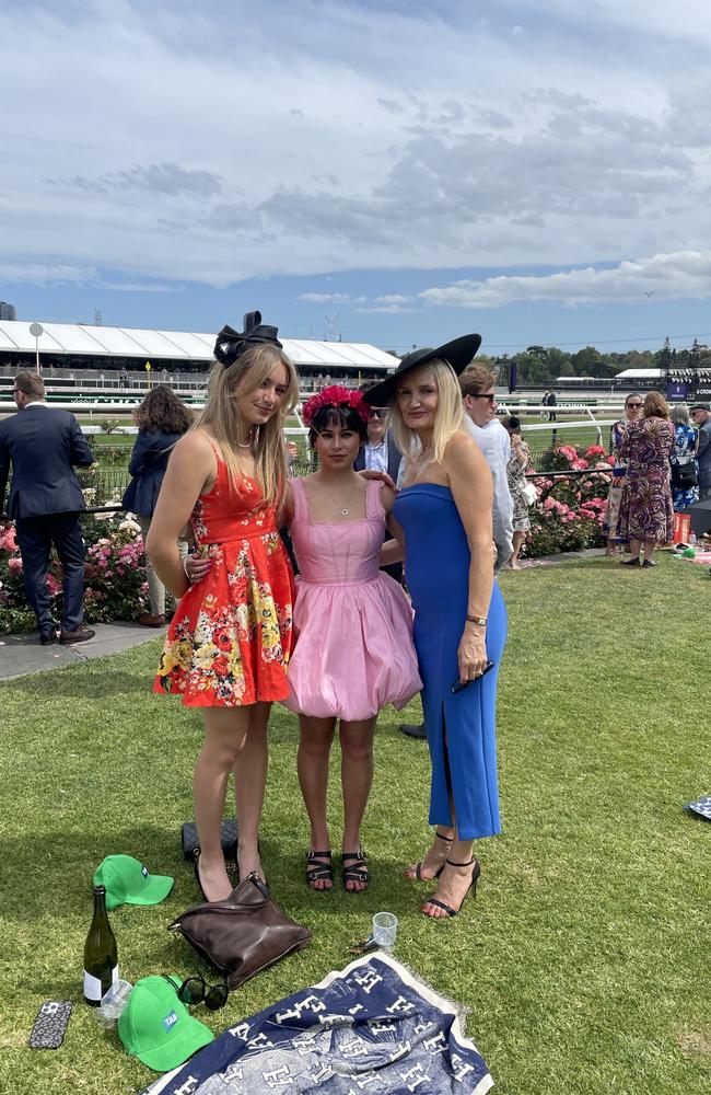 Nicola, Madeleine and Jessica at the 2024 Crown Oaks Day, held at Flemington Racecourse. Picture: Gemma Scerri