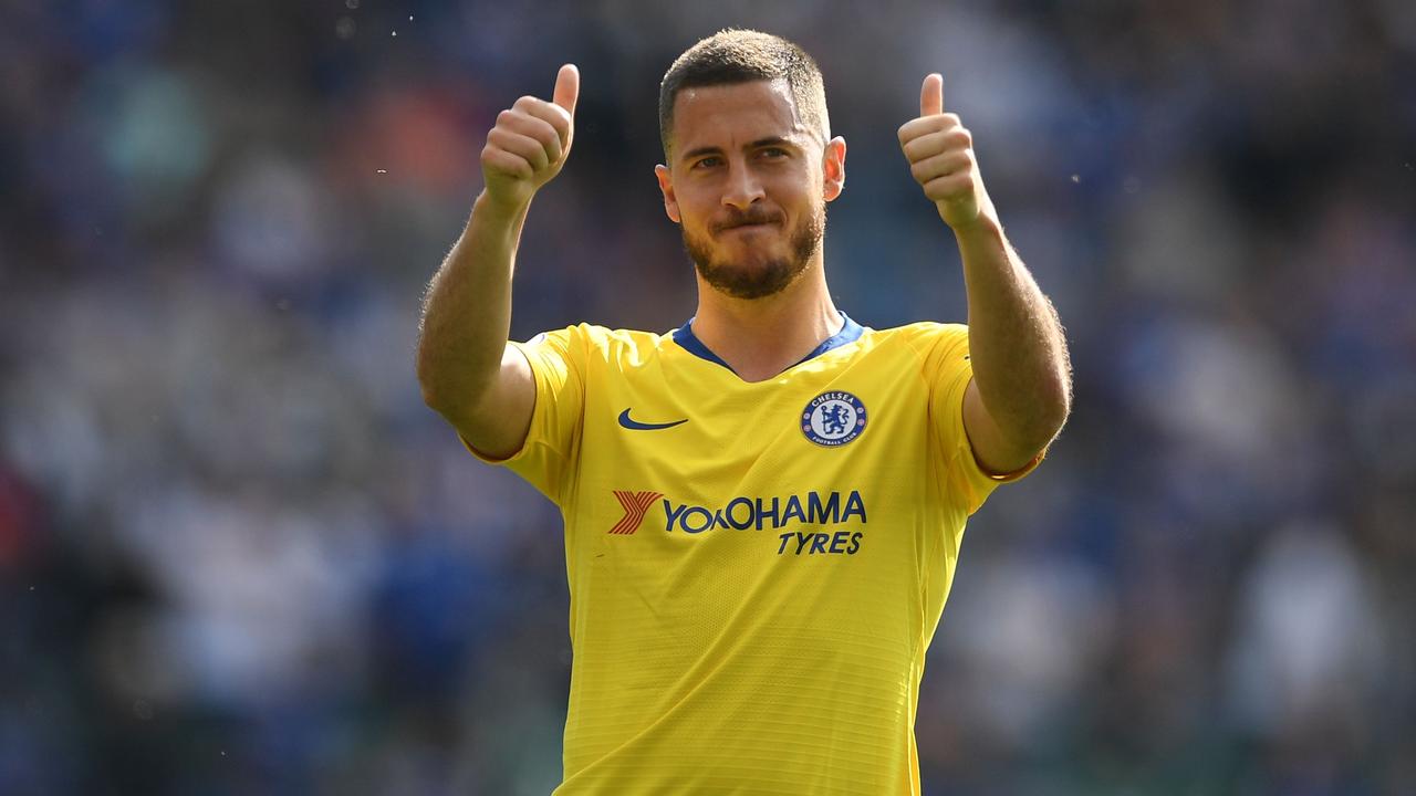Chelsea's Belgian midfielder Eden Hazard gestures to supporters on the pitch after the final day draw with Leicester.