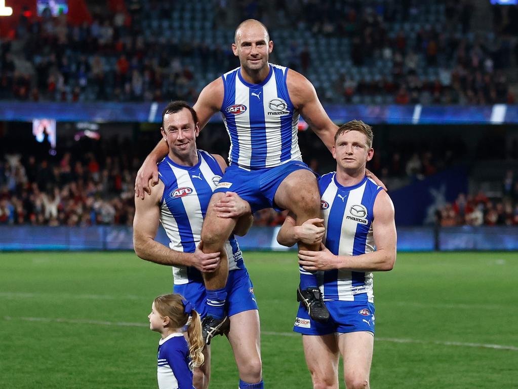 Along with vice-captain Andrew Swallow, Todd Goldstein (left), Ben Cunnington (centre) and Jack Ziebell form a hard-nosed midfield unit. Picture: Getty Images