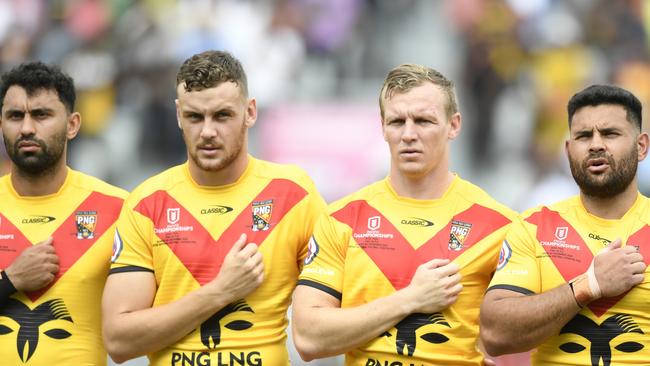 (L-R) Alex Johnston, North Queensland Cowboys player Zac Laybutt with brother Kyle Laybutt of the Townsville Blackhawks and Rhyse Martin for Papua New Guinea during the 2023 Pacific Championship. Picture: NRL Imagery