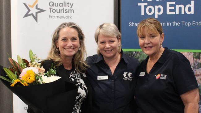 Avril Baynes’ role in supporting Territory tourism will be missed, with Crocosaurus Cove’s Penny Priest and Samantha Bennett from Tourism Top End.