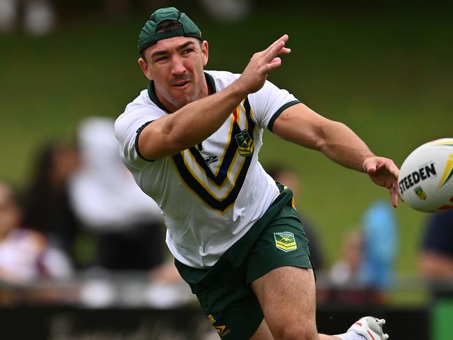 BRISBANE, AUSTRALIA - OCTOBER 13: Reece Robson trains during a Australia Kangaroos training session at Norths Devils on October 13, 2024 in Brisbane, Australia. (Photo by Albert Perez/Getty Images)