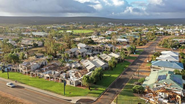 Drone pictures of the devastation caused by Ex-Tropical Cyclone Seroja after it crossed over the West Australian town of Kalbarri. Picture: Grahame Kelaher