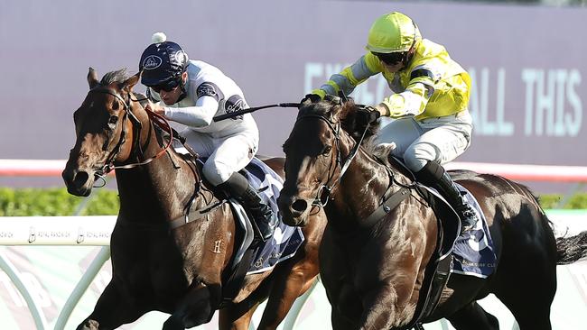 Josh Parr and Iowna Merc (left) take an inside run to score a nose win in the Group 3 Liverpool City Cup at Randwick. Picture: Getty Images