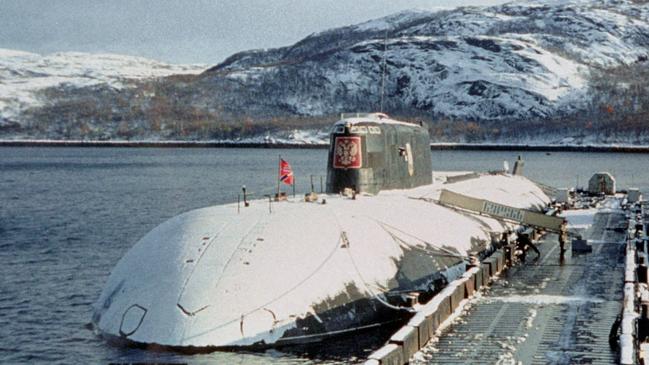 The Kursk nuclear submarine moored at a navy base near Vidyayevo in the Barents Sea near Severomorsk. Picture: AP