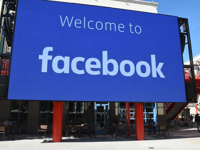 A giant digital sign is seen at Facebook's corporate headquarters campus in Menlo Park, California. Picture: AFP
