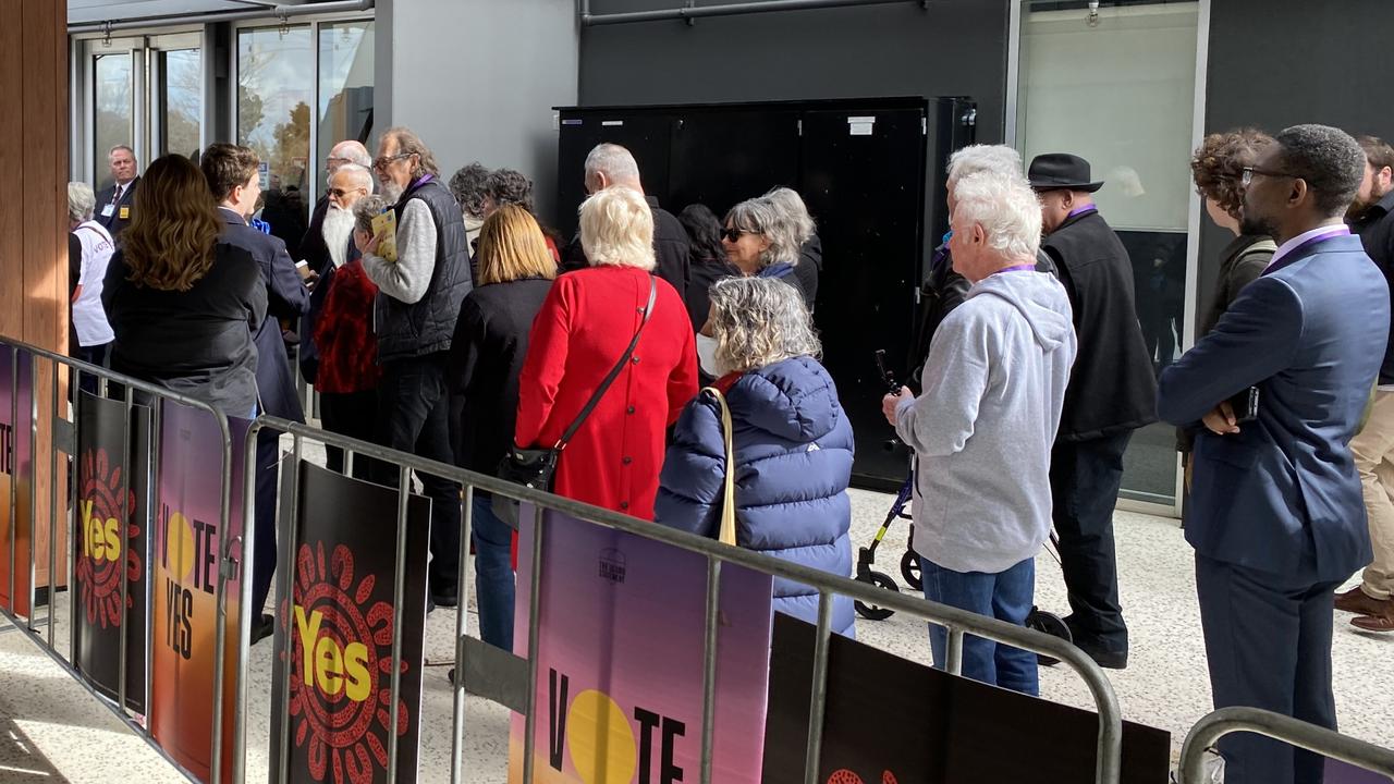 Supporters lined up to attend the Yes23 campaign launch at Elizabeth. Picture: Douglas Smith