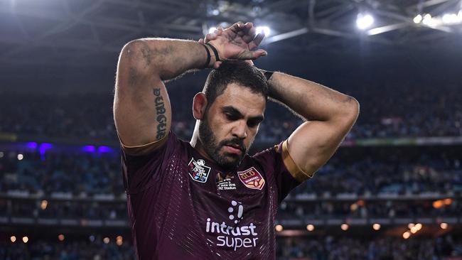 Greg Inglis of the Maroons reacts following his team's loss to the Blues in Game 2 of the 2018 State of Origin series between the NSW Blues and the Queensland Maroons at ANZ Stadium in Sydney, Sunday, June 24, 2018. (AAP Image/Dan Himbrechts) NO ARCHIVING, EDITORIAL USE ONLY