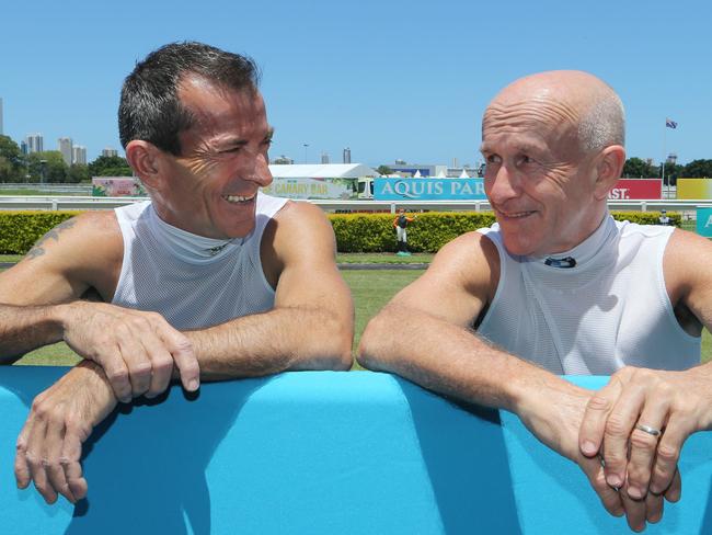 FOR GOLD COAST BULLETIN ONLY. Leading Brisbane premiership jockeys and former apprentices in South Africa, Robbie Fradd and Jeff Lloyd, at Gold coast Turf Club. Picture Glenn Hampson