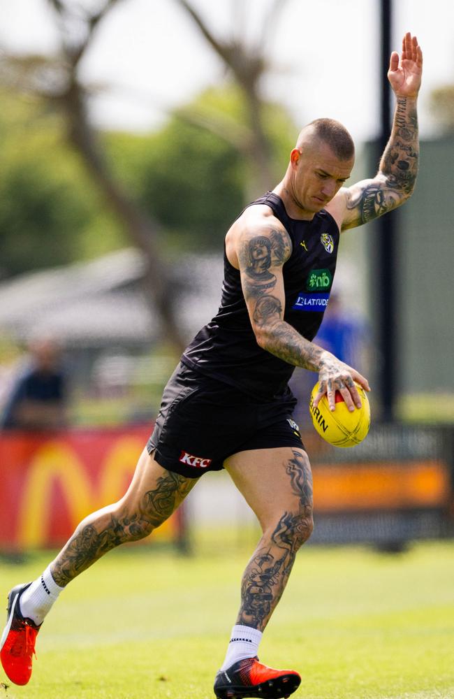 Dustin Martin training at Wonthaggi Recreation Reserve on Wednesday before he suffered a head knock. The triple Norm Smith medallist was cleared of concussion and rejoined the group on Thursday. Picture: Richmond FC