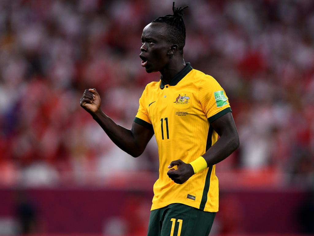 Awer Mabil calmly slotted Australia’s final penalty of the shootout. Picture: Joe Allison/Getty Images