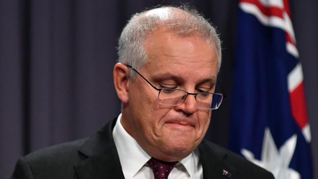 An emotional Prime Minister Scott Morrison during his press conference at Parliament House on Tuesday.