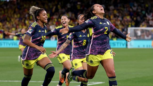 Manuela Vanegas celebrates with teammates after scoring Colombia’s matchwinner against Germany. Picture: Getty