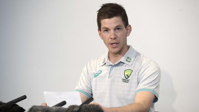 Tim Paine at the press conference on Friday announcing he was stepping down as Australian Test captain. Picture: Chris Kidd